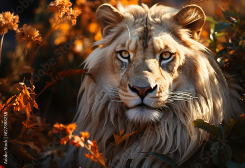 a lion in tall grass  in the style of digital painting  white and amber  realistic portrait