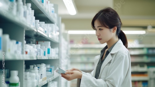 a beautiful young asian pharmacist holding prescription and medicaments tablets and pills. searching for the correct medicament on a shelf in the drug store. perfect for ads. Generative AI