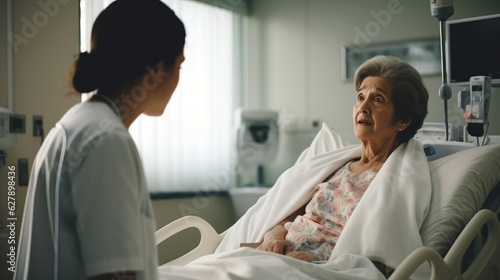 a young beautiful nurse doctor talking to a patient old woman about disease and symptoms in a clinic hospital room. perfect for ad. Generative AI