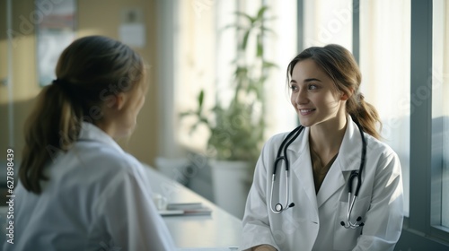 a young beautiful nurse doctor talking to a patient woman about disease and symptoms in a clinic hospital room. perfect for ad. Generative AI
