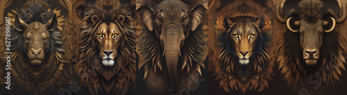 Big five Africa. Set of Big Five African animals. Lion  elephant  rhino  leopard and buffalo. Tribal Illustration style