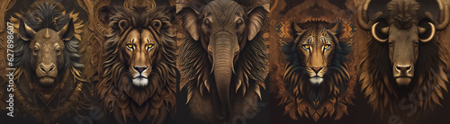 Big five Africa. Set of Big Five African animals. Lion, elephant, rhino, leopard and buffalo. Tribal Illustration style