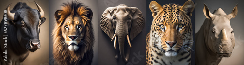 Big five Africa. Set of Big Five African animals. Lion, elephant, rhino, leopard and buffalo. Digital Photography style.