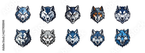 Set of Wolf mascot logo, Esports gaming emblem of different variations of Wolves, Sports Team emblem, Wolf logo collection, Animal Logo set for team, Wolf face or Wolf head logo, tshirt print design