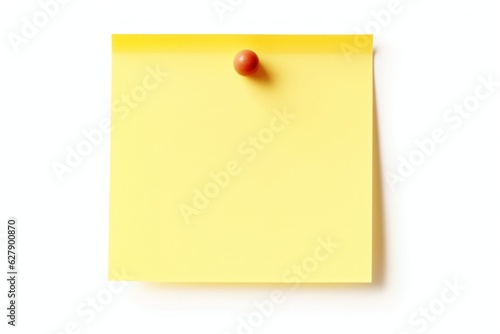 Yellow sticky post note with pin isolated on white background.
