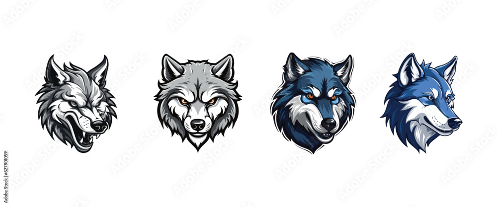 Set of Wolf Mascot design, Wolf Logo Collection Vector illustration, Wolf Logo design for T shirt print placement, Vector Pack of Wolf Cutout Illustration Set of Wolf Mascot design, Wolf Logo Collection Vector illustration, Wolf Logo design for T shirt print placement, Vector Pack of Wolf Cutout Illustration