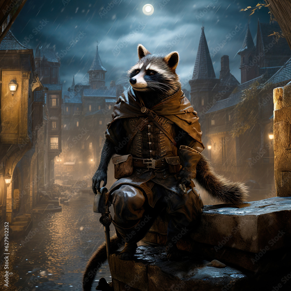 Naklejka premium Racoon at night with vintage clothes