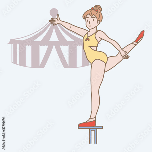Female gymnast standing on the pole. Acrobat performing on aerial acrobatics. Circus tent behind. Hand drawn flat cartoon character vector illustration.