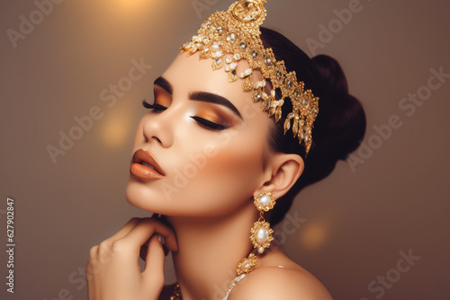 Beauty queen with Gold Jewelry, generative AI