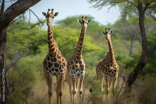 giraffes gracefully feeding on tall trees, highlighting their long necks and unique browsing behavior, generative AI