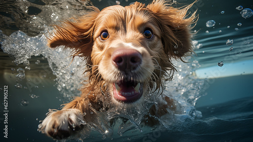 Cute dogs have fun swimming in the water. Generative AI © cwa