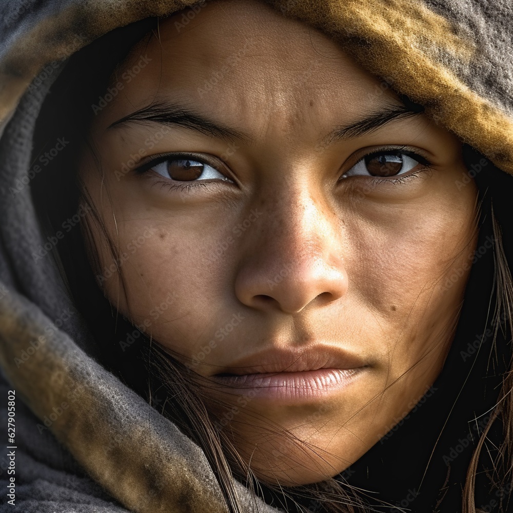close up portrait of a native american indigenous woman, girl face closeup on winter days close up portrait of a native american indigenous woman, girl face closeup on winter days
