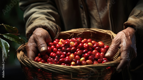 Arabica coffee berries with agriculturist hands Robusta and arabica coffee berries with agriculturist hands, Coffee plantation in Asia