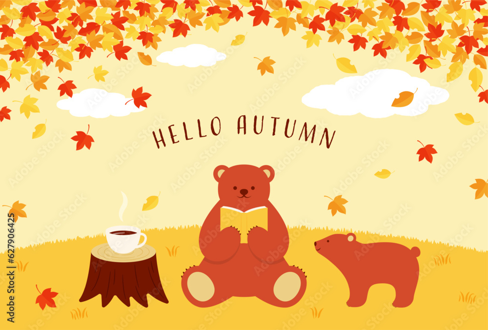 Naklejka premium autumn vector background with a bear reading a book in the forest for banners, cards, flyers, social media wallpapers, etc.