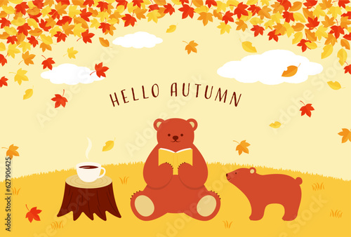 autumn vector background with a bear reading a book in the forest for banners, cards, flyers, social media wallpapers, etc.