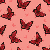 Seamless pattern of multiple red butterflies. Contemporary composition for print