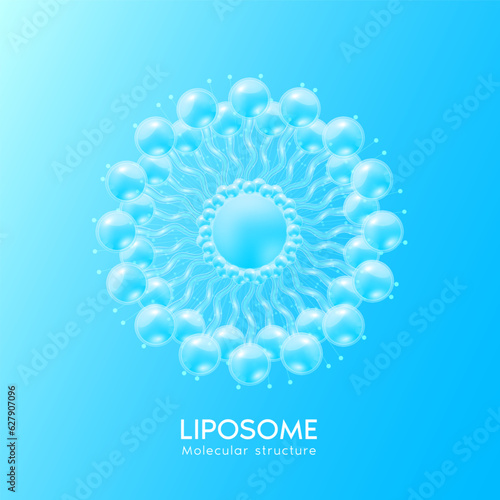 Blue molecular structure liposome. Facial cleanser. Moisturizer collagen serum. Beauty treatment skincare. Medical scientific concepts. 3D Realistic Vector EPS10.