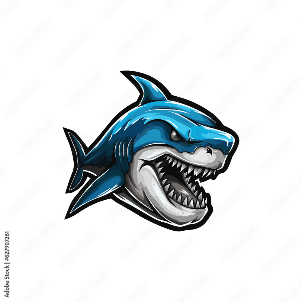 Angry Shark Mascot Logo, Blue Shark Vector Logo Isolated on white