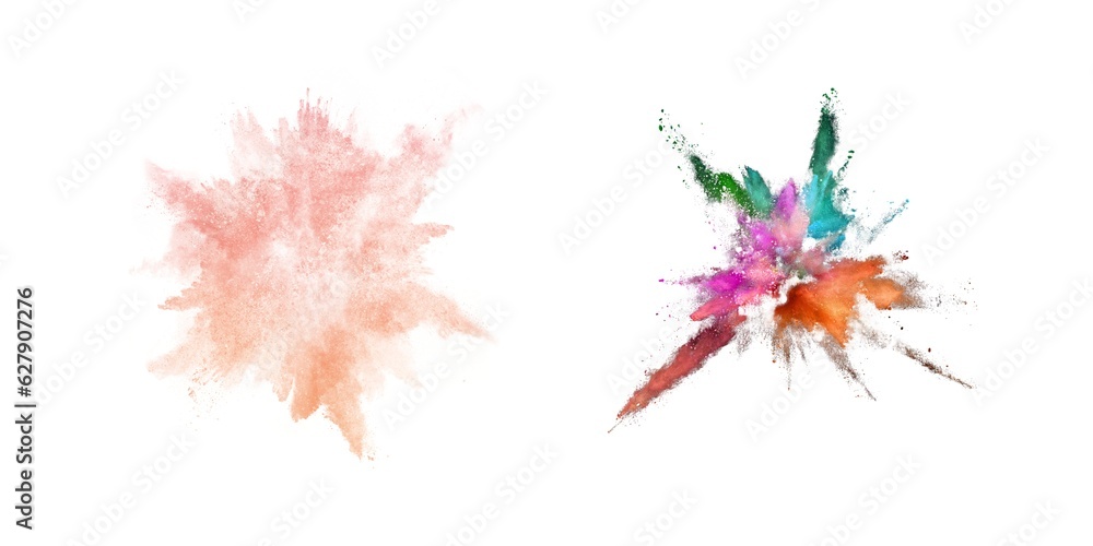 
Holi shiny color paint powder festival explosion burst isolated white background. industrial printing concept background