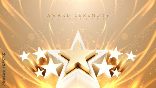 3d elegant golden star element with fire effect and glitter light effect decoration. Luxury award ceremony background design concept.