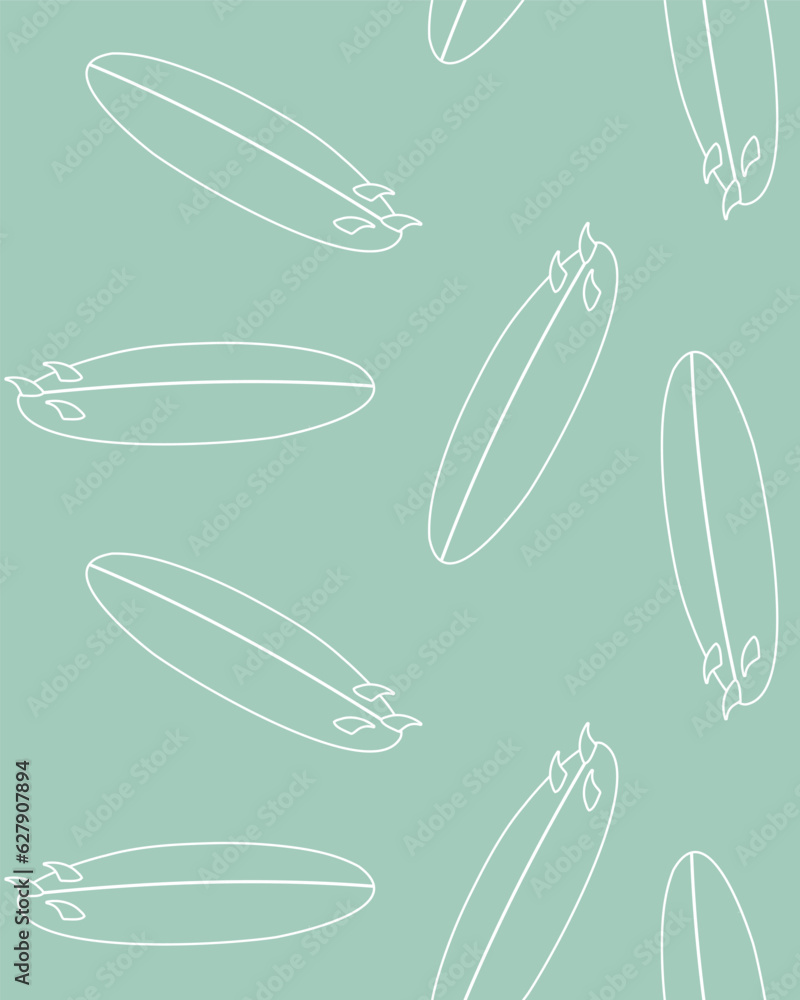 Vector seamless pattern of hand drawn flat surfboard isolated on mint background Vector seamless pattern of hand drawn flat surfboard isolated on mint background