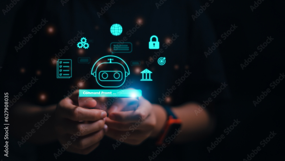 Fototapeta premium Women using technology smart robot AI, enter command prompt, contact for business information analysis, and futuristic technology transformation. ChatGPT Chat concept AI, Artificial Intelligence.