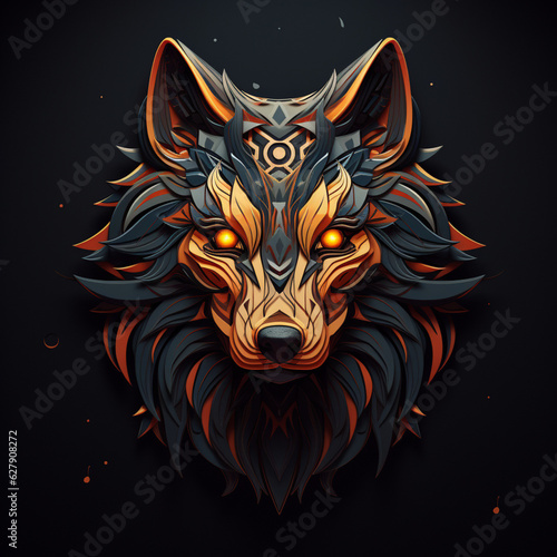 a golden wolf head  on blacklit room, in the style of colorful layered forms and conceptual art pieces photo