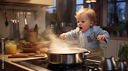 Tiny Chef in Action: A Baby's Adorable Attempt to Cook Dinner in a Modern Kitchen