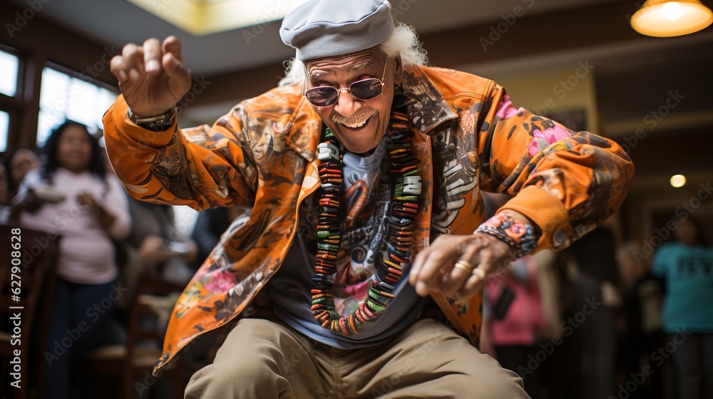 A Seasoned Groove: An Elderly Participant in Yellow Shines in a Hip-Hop Dance-Off. Timeless Moves, Breaking Stereotypes with Graceful Rhythm. Embracing the Beat, Spreading Joy and Inspiring All Ages.