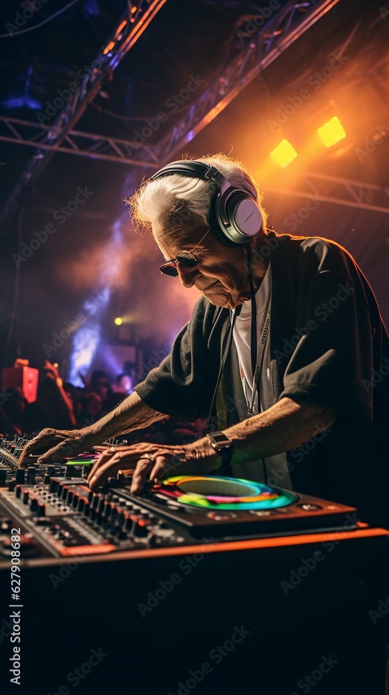 Obraz premium Timeless Grooves: A Senior DJ Moves the Crowd at a Vibrant Music Festival. Dancefloor Illuminated, Celebrating the Power of Music.