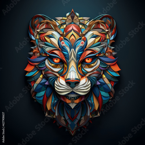 a golden wolf head  on blacklit room, in the style of colorful layered forms and conceptual art pieces photo