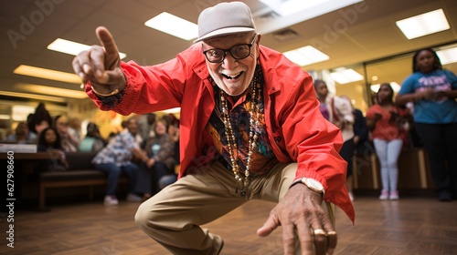 A Seasoned Groove: An Elderly Participant Wearing Red Shines in a Hip-Hop Dance-Off. Timeless Moves, Breaking Stereotypes with Graceful Rhythm. Embracing the Beat, Spreading Joy and Inspiring All Ages