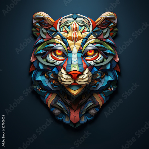 a blue wolf head  on blacklit room  in the style of colorful layered forms and conceptual art pieces