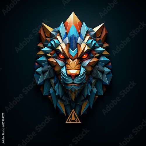 a blue wolf head  on blacklit room, in the style of colorful layered forms and conceptual art pieces photo