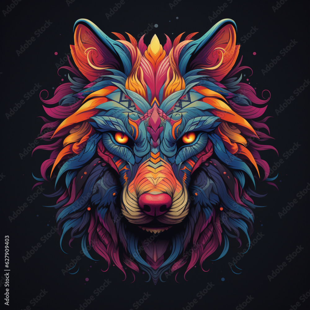 colrful wolf head  on blacklit room, in the style of colorful layered forms and conceptual art pieces
