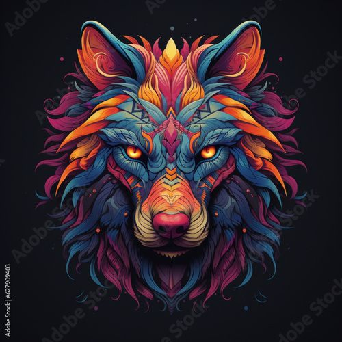 colrful wolf head  on blacklit room  in the style of colorful layered forms and conceptual art pieces