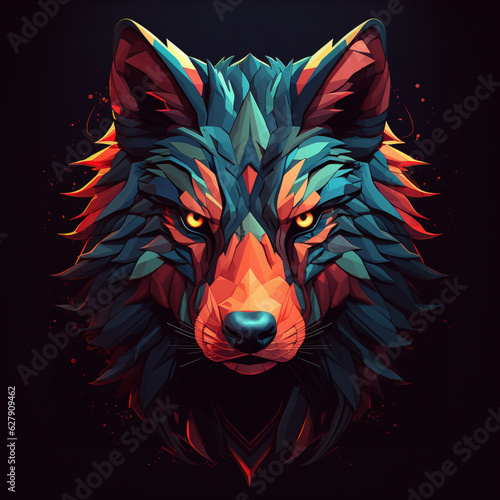 colrful wolf head  on blacklit room, in the style of colorful layered forms and conceptual art pieces photo