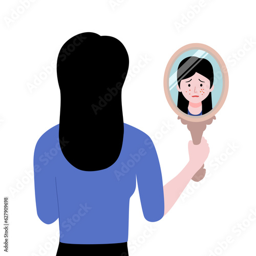 Woman in blue shirt use mirror check acne in her face.