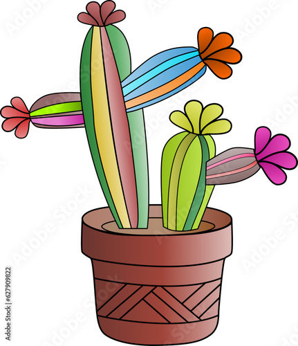 Cactus Growing in the Pot, Cactus in flat style on a white background. Home plants cactus in pots and with flowers. A decorative cactus with prickles and without.