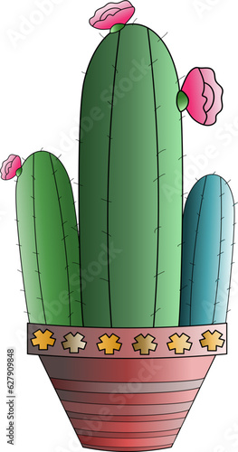 Cactus Growing in the Pot, Cactus in flat style on a white background. Home plants cactus in pots and with flowers. A decorative cactus with prickles and without.