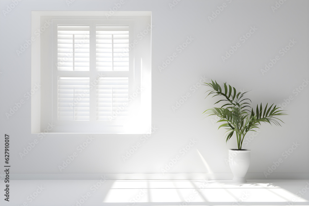White wall room with sunlight window, vase and pot with a plant in the style of minimalist background, mockup for display of presentation product modern interior concept, AI generate White wall room with sunlight window, vase and pot with a plant in the style of minimalist background, mockup for display of presentation product modern interior concept, AI generate