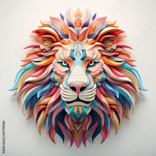 colorful lion head on white backround   in the style of colorful layered forms and conceptual art pieces