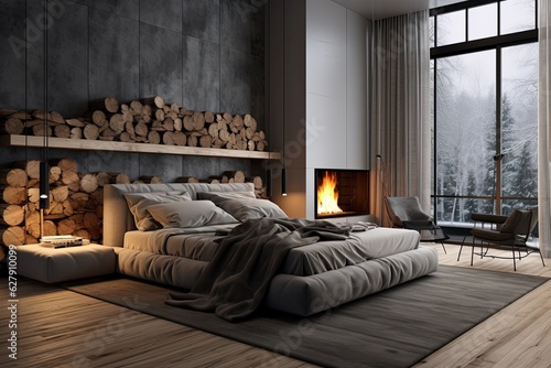 A room with a modern and fashionable interior design, featuring a large and cozy bed.