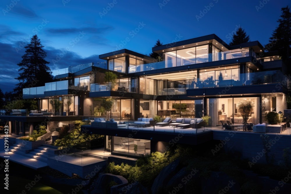 A spacious and opulent contemporary residence located in the suburban areas of Vancouver, Canada, beautifully illuminated by the setting sun and transitioning into a tranquil night ambiance.