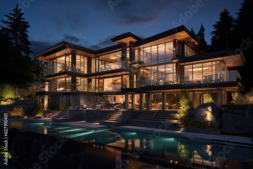 A opulent residence located in the outskirts of Vancouver, Canada, during the twilight hours.