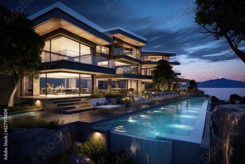A stunning and lavish residence with a breath-taking view during the evening hours. © 2rogan