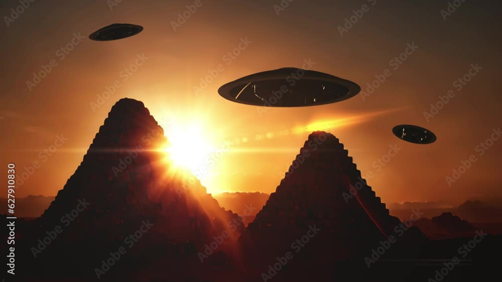 Flying saucers ufos silhouette over Pyramids at sunset Large saucers ...