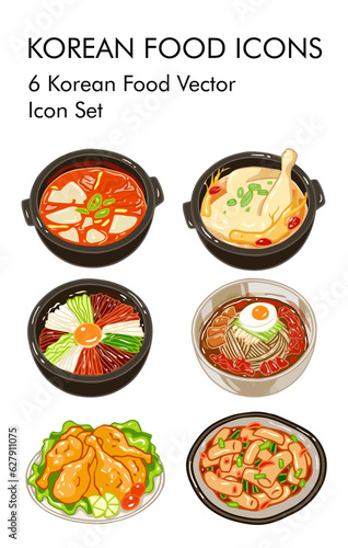6 Element Korean Food Vector Icon Set 