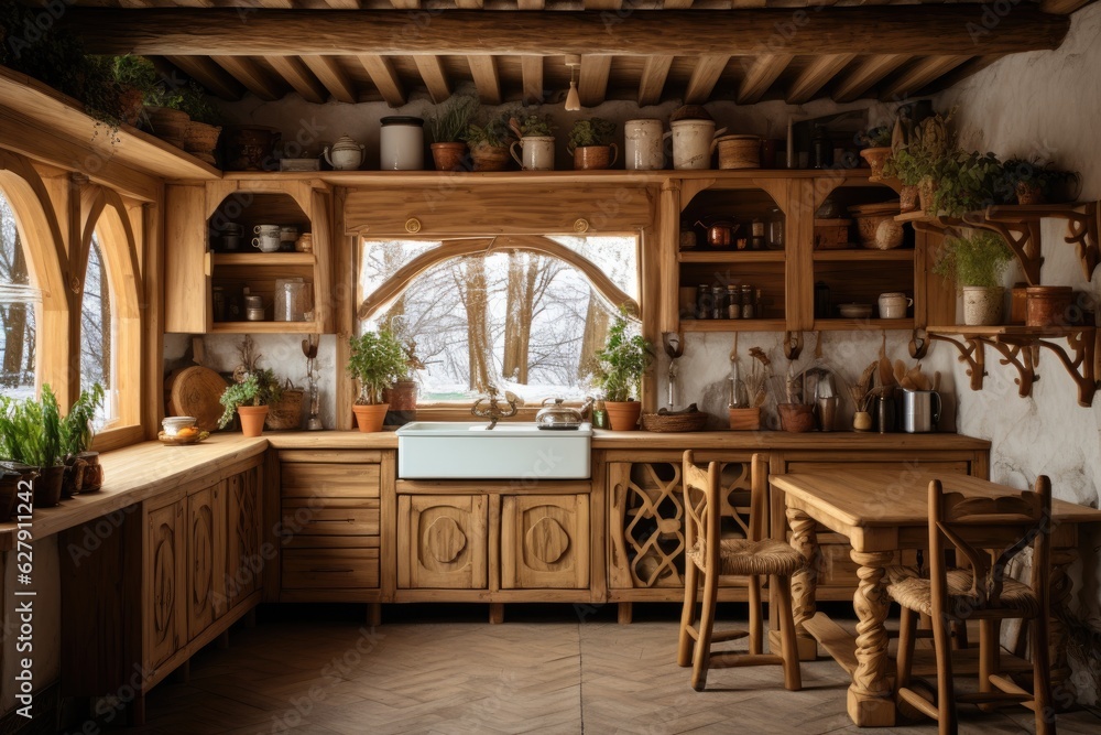 Fototapeta premium a rustic kitchen made of wooden materials, inspired by a cozy cottage aesthetic