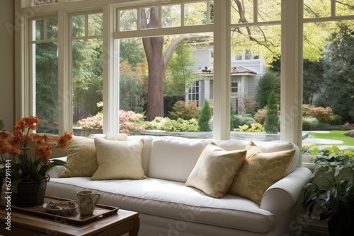 A seating area by the window that provides a pleasant view of the yard through spacious windows.